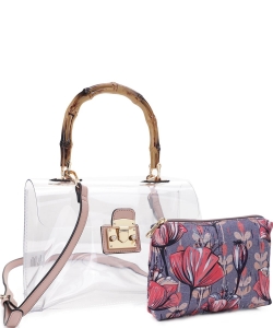 Bamboo Top Handle with Flower Pouch Clear Bag Set CR20412 BLUSH